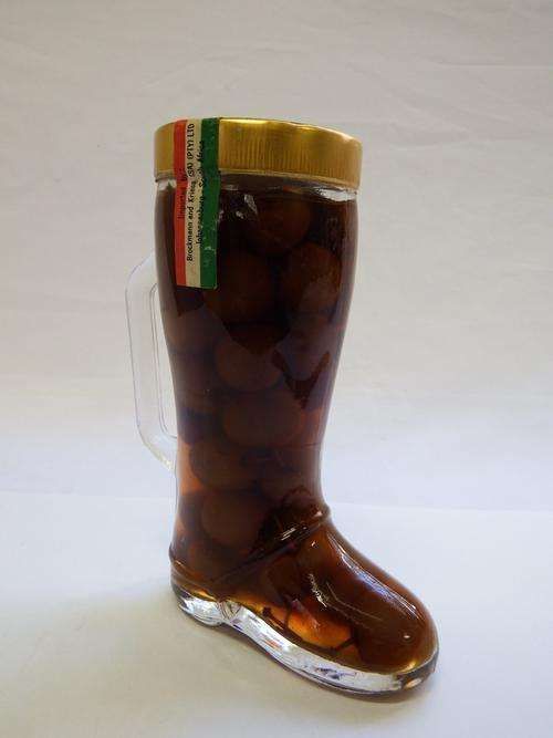 Vintage Glass boot with cherries in Liquor