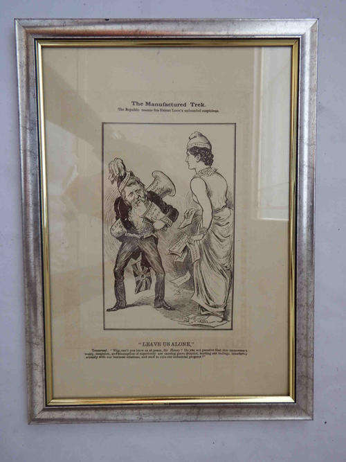 The Manufactured Trek - Leave us alone - 1891 ZAR cartoon - in frame
