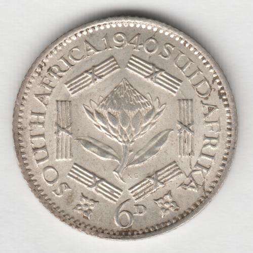 1940 SA Union 6d sixpence EF with cracked die mark through 0 of 1940