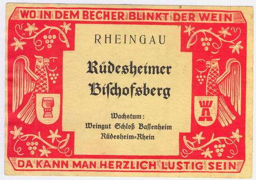 Rheingau Rudesheimer Bischofsberg wine label - Antique