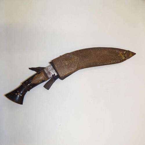 Vintage Indian Kukri knife with bone and brass handle - leather clad wood with brass scabbard