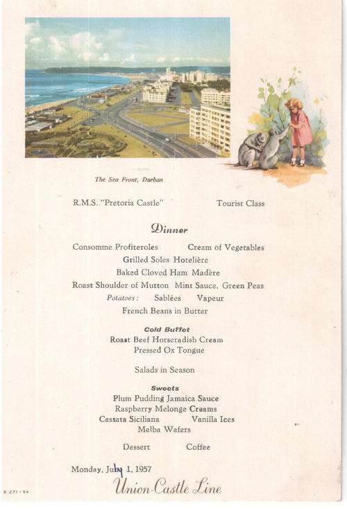 Union Castle Line R.M.S. Pretoria Castle - Dinner Menu - 1 July 1957 (misprint as June)