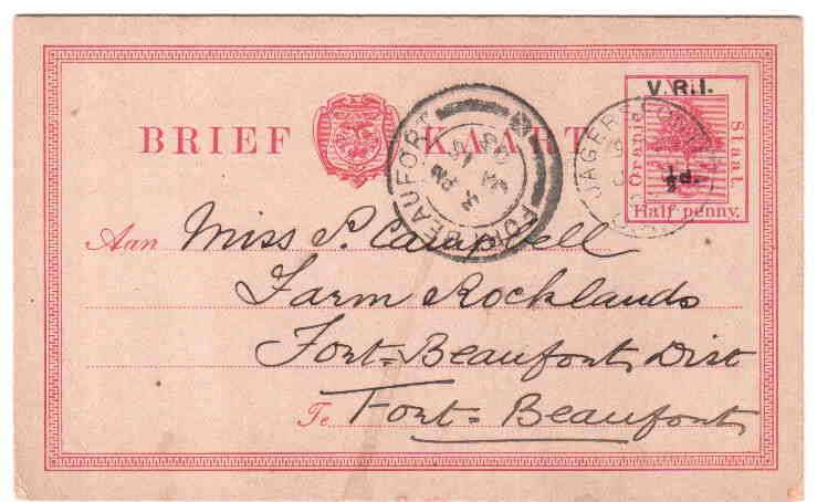 Postcard - Brief Kaart - from Jagersfontein to Beaufort - 15 Jan 1903
