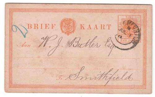 Postcard - Brief Kaart - Type 15b preprinted stamp - send to Smithfield with unclear cancellation