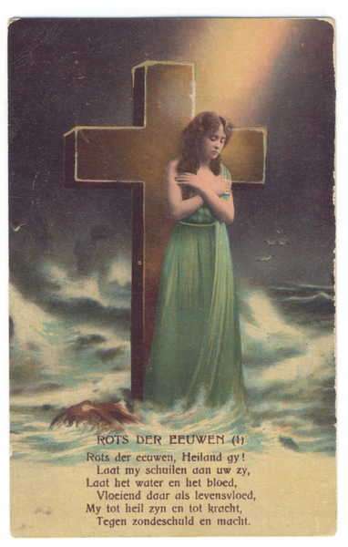 Postcard - Woman standing in front of cross - Rots der Eeuwen text - Unused