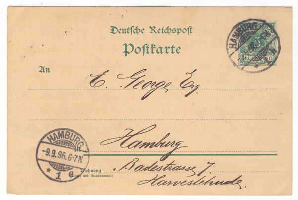 Pre-printed postcard from Hamburg - 9 Sept 1896 - from Hamburg to Hamburg
