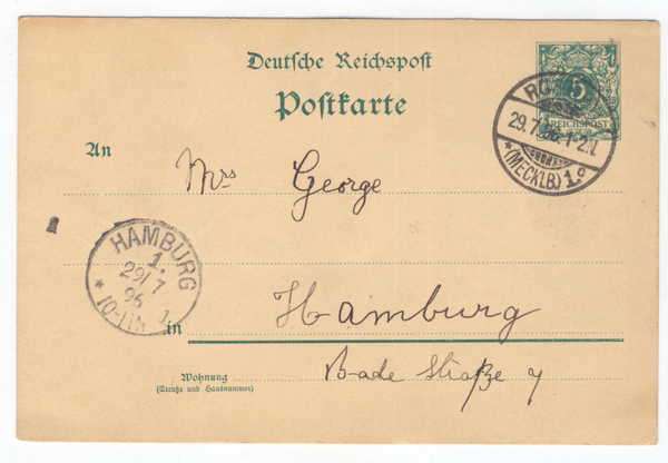 Pre-printed postcard from Hamburg - 29 July 1896 - to Hamburg Stamp : 5 Pennies (Reichpost)