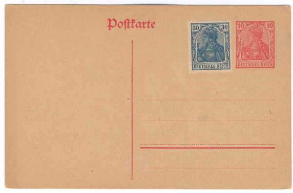 Pre-printed Unused Postkarte - Stamp : 10 Mark, and extra stamp : 30 Mark