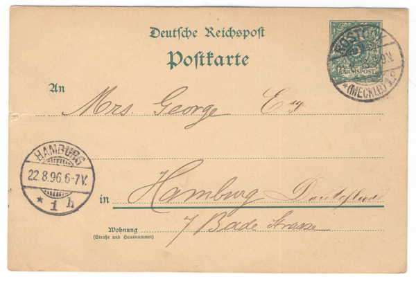 Pre-printed Deutche Reichspost Postkarte - from Rostock to Hamburg