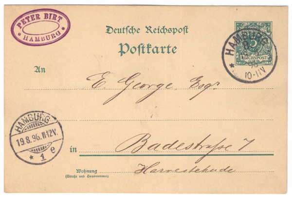Pre-printed Deutche Reichspost Postkarte from Hamburg to Hamburg with Peter Brit stamp