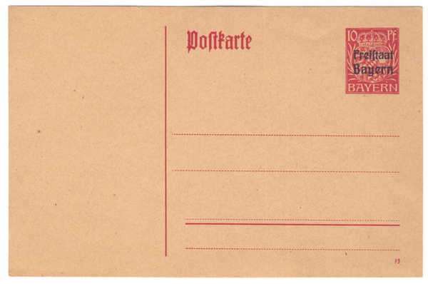 Unused Pre-printed Postkarte - Freistaat Bayern - Stamp: 10 Pennies