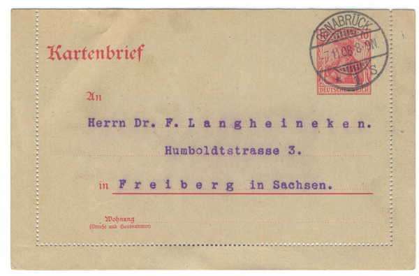 Pre-printed Kartenbrief - from Osnabruck to Freiburg - 8 Nov 1908 - Stamp : 10 Mark