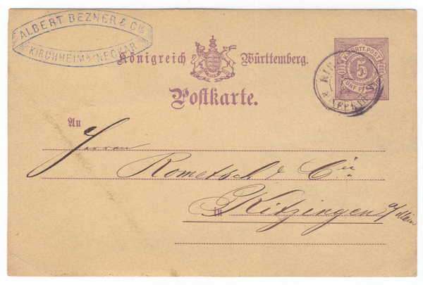 Pre-printed Konigreich Burttemberg Postkarte - to Kitzingen Stamp: 5 Pennies