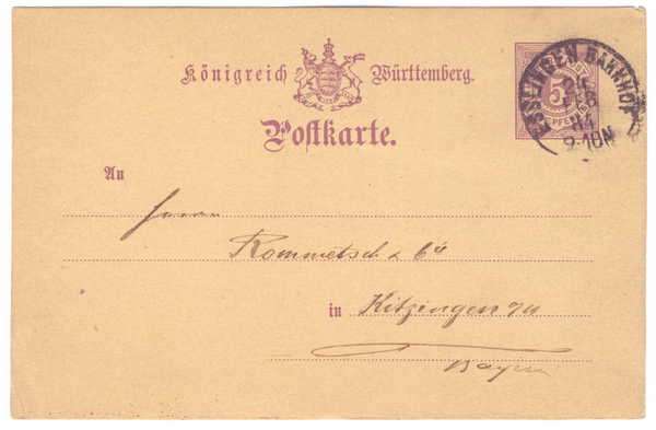 Pre-printed Konigreich Burttemberg Postkarte - from Essungen Bahnhoff - Stamp :K-Wurrt 5 Pennies