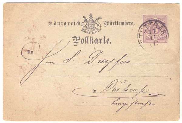 Pre-printed - Konigreich Burttemberg Postkarte - from Stuttgart - Stamp : K-Wurrt 5 Pennies