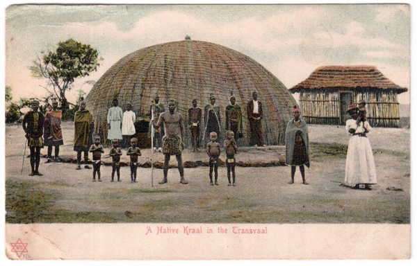 Post Card - A native kraal in the Transvaal - from Johannesburg to Cornwall, UK - Stamp : One Penny
