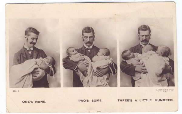 Post Card - Three photos of a man holding babies-`One`s none, Two`s some , Three`s a little hundred`
