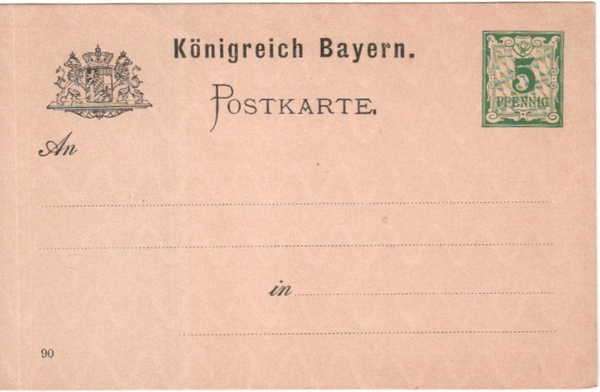 Pre-printed Konigreich Bayern Postkarte - Unused - 5 Pfennig