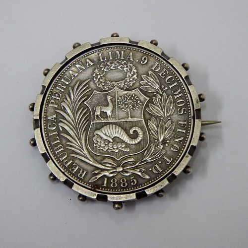 1885 Peru 9 Decimos silver crown sized coin made into love token brooch - Top workmanship