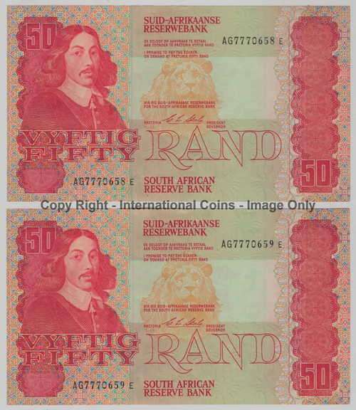 2 Uncirculated R50 notes with consecutive numbers - First Issue - Book value over R800