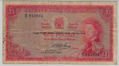 1964 Rhodesia one pound banknote - prefix G7 943934