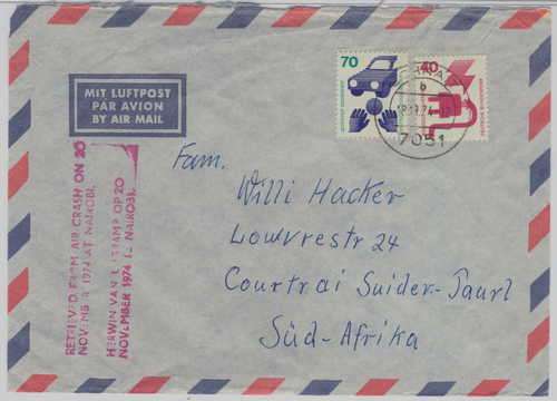 Postal History - Airmail cover from Germany to South Africa 18 November 1974