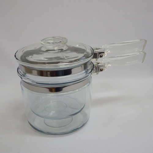 Vintage Pyrex flameware double boiler bain marie with glass handle - flame logo -excellent condition