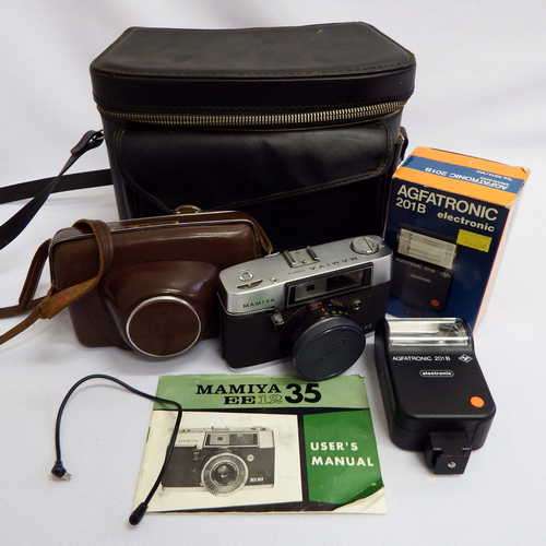 Vintage Mamiya EE 12 35mm camera with Agfatronic 201B flash in bag