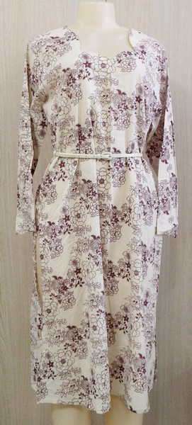Beautiful Beige and Purple Spring dress with 3/4 sleeves - Size : 10 / 12 - Length : 105cm from neck