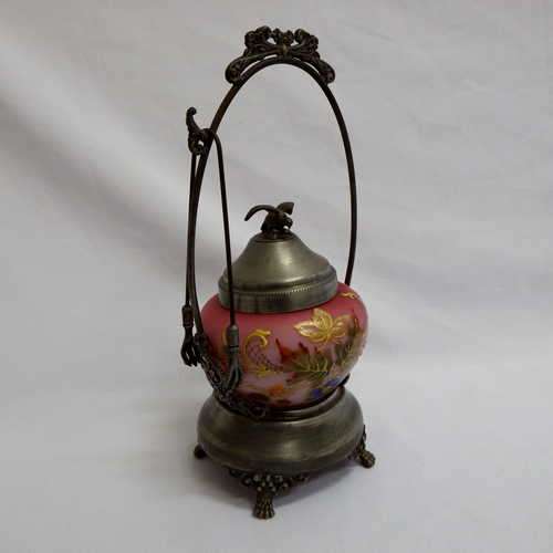 Fine porcelain and pewter hand painted sugar cube holder with tongs - fine chips around top of pot