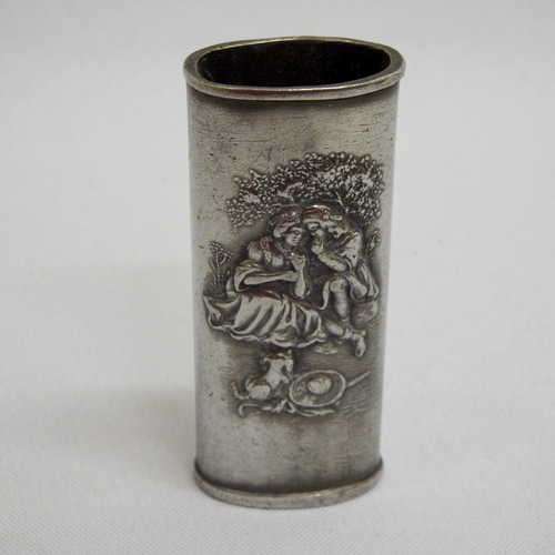 Pewter gas pocket lighter cover with man and woman in love - Marked : SKS ZINN 951