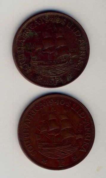 Lot of 2 different variations of 1940 SA Union Pennies - no dot right of date