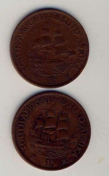 Lot of 2 variations of 1940 SA Union Pennies - No dot to right of date - @ Crazy R1 start