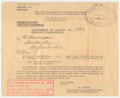 Ephemera - Gwano allotment letter for 5 bags of Gwano - 1936 Cape Town