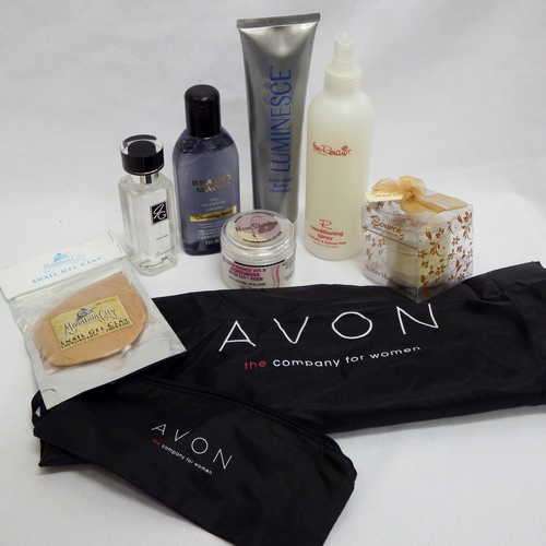 Lot of 7 woman's cosmetic & toiletry products - New but shop soiled - in Avon bag