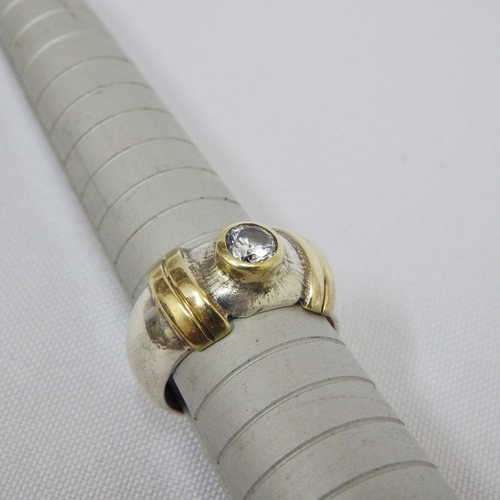 Silver and gold ring with Cubic Zirconia - Weighs : 5.2 g - Size : N