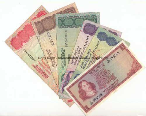 Lot of 6 old SA banknotes - R1 , R2 , R5 , R10 , R20 , R50