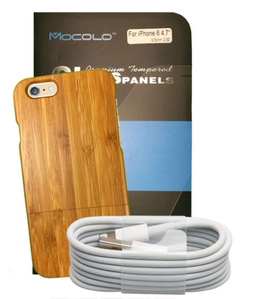 iPhone 6 Bamboo Case + Mocolo Screen Protector + 3 Meter Cable