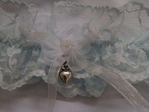 Pale blue lace bridal garter - with a dainty white organza rose and diamante detail