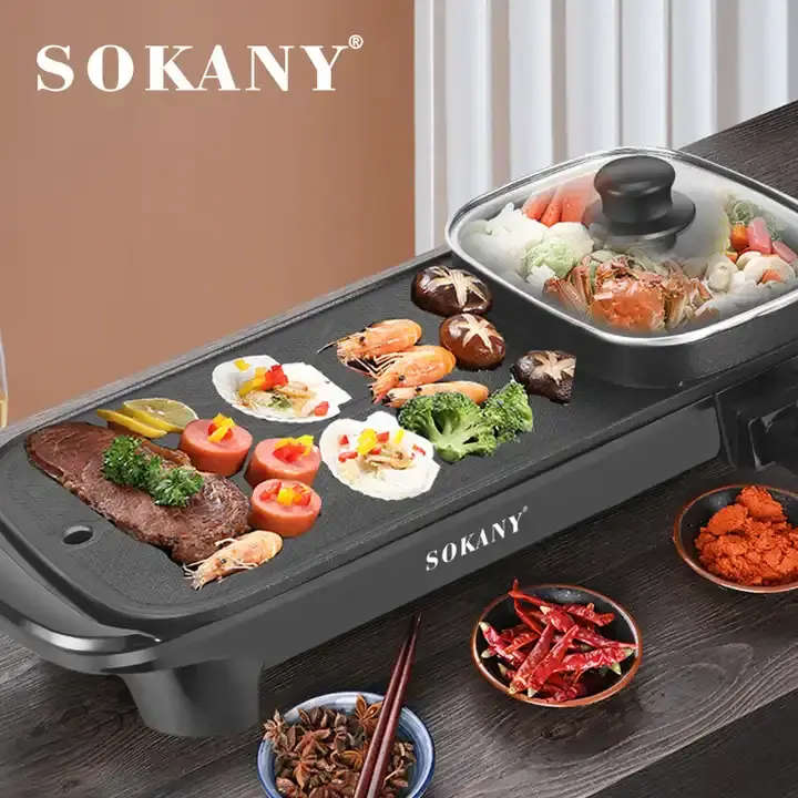 SOKANY multifunctional electric griddle indoor hot pot with non-stick smokeless rectangular griddle