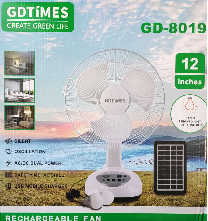 GDTIMES 12Inch Solar Rechargeable Fan and LED Light Kit