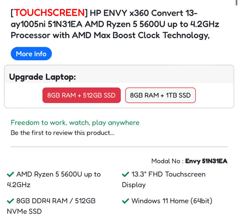 HP ENVY x360 Convert 13-ay1005ni 51N31EA AMD Ryzen 5 5600U up to 4.2GHz Processor with