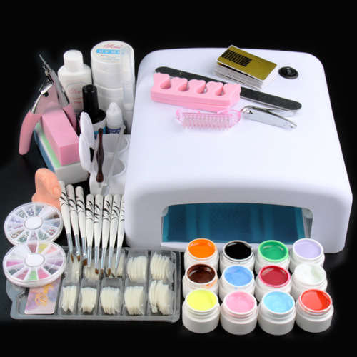 GEL NAIL STARTER KIT SET WITH 36 WATT UV LAMP +12 COLORS GELS