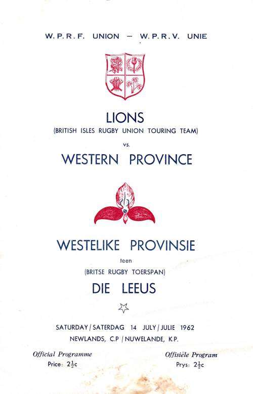 1962 BRITISH LIONS V WESTERN PROVINCE RUGBY PROGRAMME