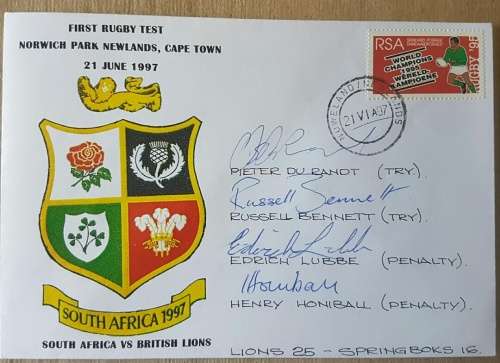 1997 BRITISH AND IRISH LIONS V SOUTH AFRICA SIGNED FDC - 4 SPRINGBOKS