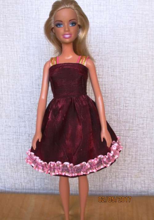 Barbie party dress in wine red satin with pink trim.