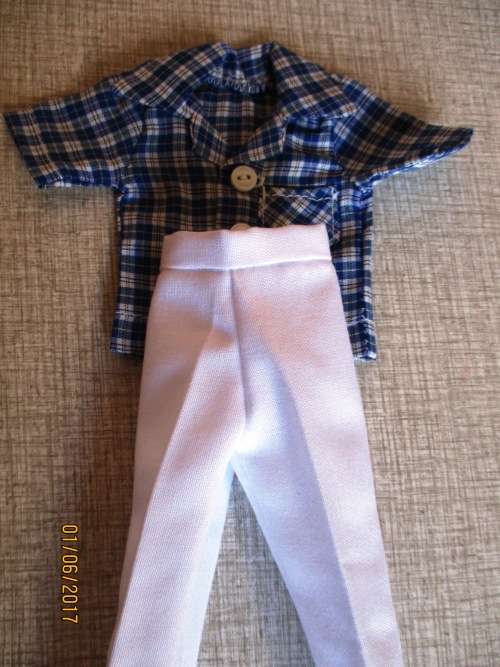Ken - Barbie white fitted pants with collared button through blue check shirt.