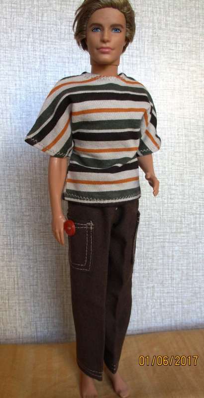 Ken - Barbie - brown cargo pants with striped T-shirt.