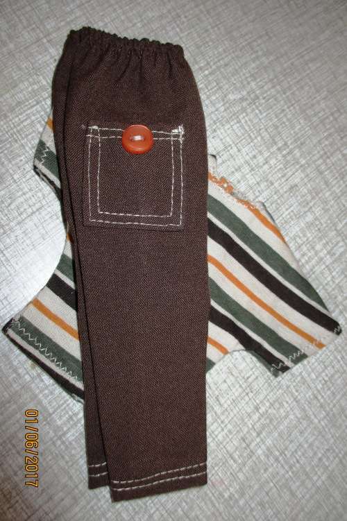 Ken - Barbie - brown cargo pants with striped T-shirt.