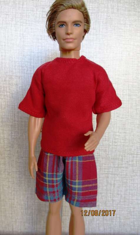 Ken - Barbie - check shorts with red T-shirt.